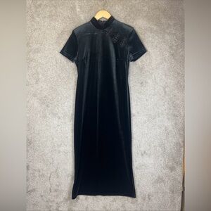 Betsy's Things Vintage Dress Womens 8 Black Velour Maxi Short Sleeve 90s- 4330